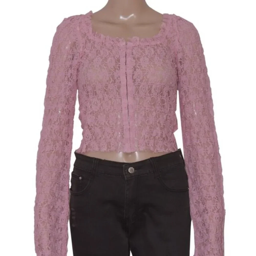 Free People FP One Madison Top Smocked Lace Sheer Hook-Front
